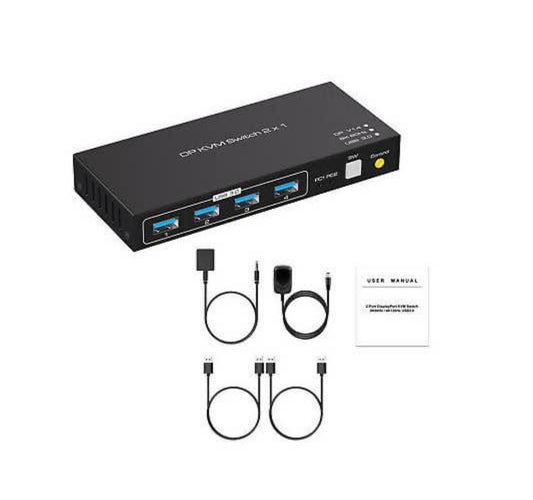 2x1 DP KVM Switch With USB Cable DC12V Power Adapter & External Switch Kit