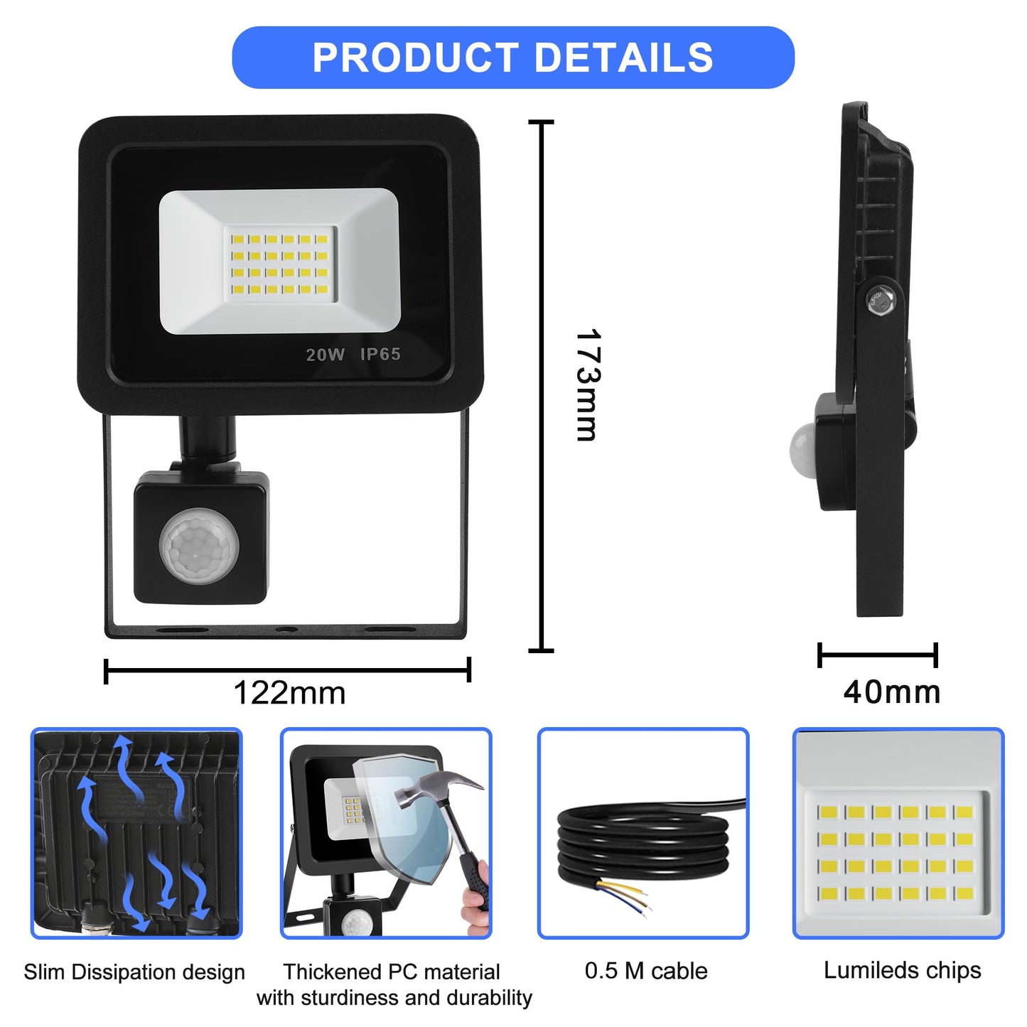 Realky 20W Floodlight Outdoor Motion Sensor, 2000LM 6500K