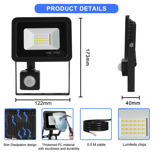 Realky 20W Floodlight Outdoor Motion Sensor, 2000LM 6500K