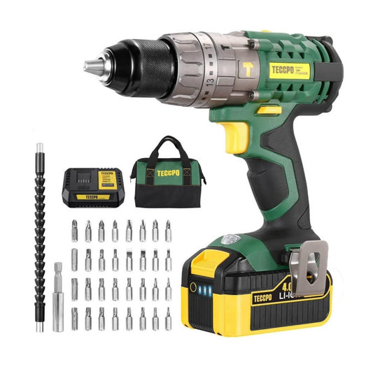 TECCPO 18V Battery Drill Driver 4.0Ah Lithium Battery with 4A Fast Charger, LED Light