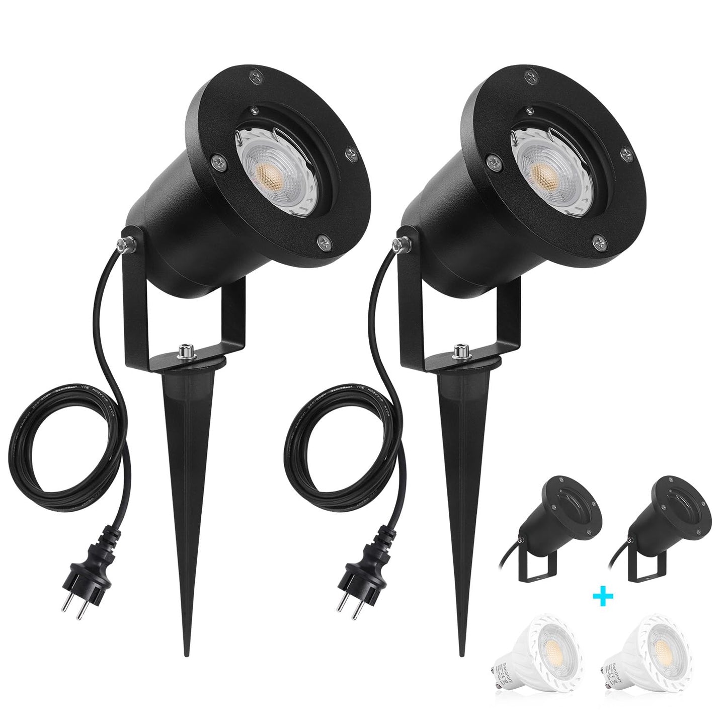 SanGlory Set of 2 Garden Lights with Ground Spike, GU10 LED 7 W with Plug, IP65 Waterproof