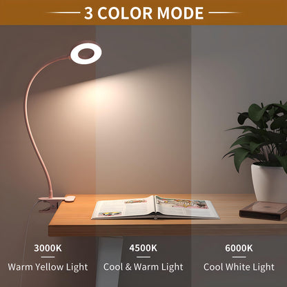 iZELL Desk Lamp, LED Reading Light with Clamp, 3 Color Modes & 10 Brightness Flexible Gooseneck pink