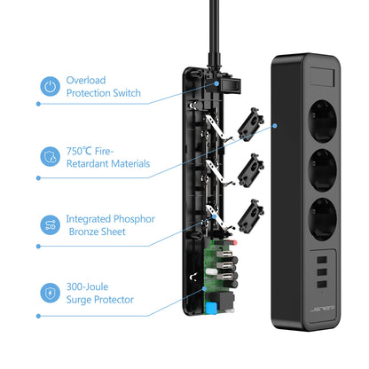 JSVER USB Power Strip 3 Sockets with 3 USB Ports Travel Charger (5V2.4A) 2M
