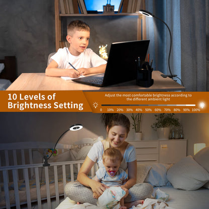 iZELL Desk Lamp, LED Reading Light with Clamp, 3 Color Modes & 10 Brightness Flexible Gooseneck Book black