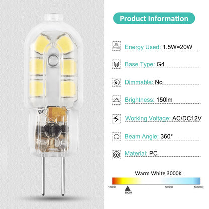 G4 LED Bulb, 12V Bi Pin 20W Halogen Bulb Replacement, NOT Dimmable, Warm White 3000K, 10-Pack